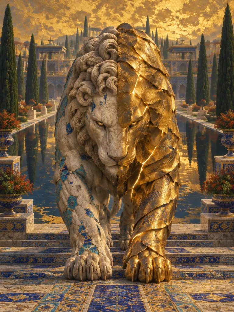 The Gilded Lion, singa batu taman yang separuh tubuhnya terbungkus lempeng emas retak, melangkah turun tangga ke arah kamu.