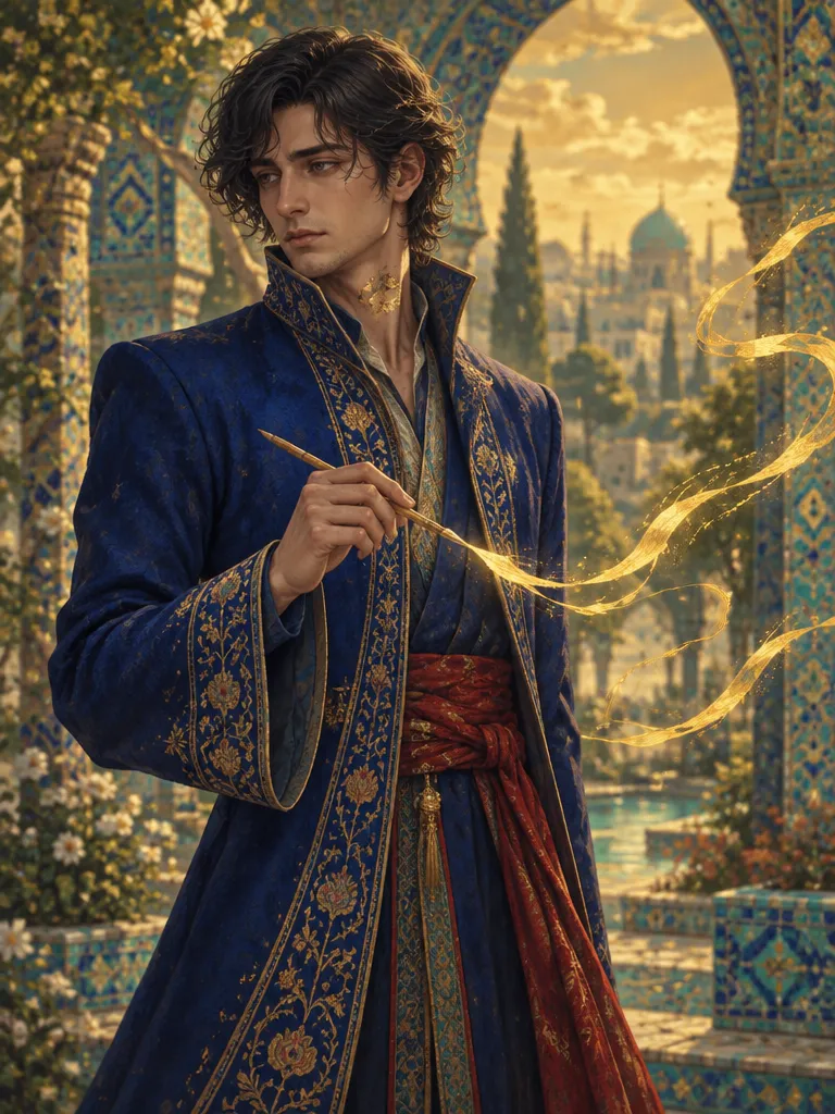 Rowan Ashfall bermantel lapis panjang, memegang pena buluh yang meninggalkan pita cahaya emas di udara.