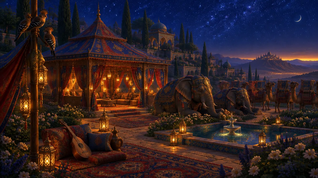 The Last Pavilion di malam hari: paviliun lipat berkain lapis dan vermilion diterangi lentera kuningan, dua gajah dan deretan unta beristirahat, air mancur kecil dan karpet di tanah.