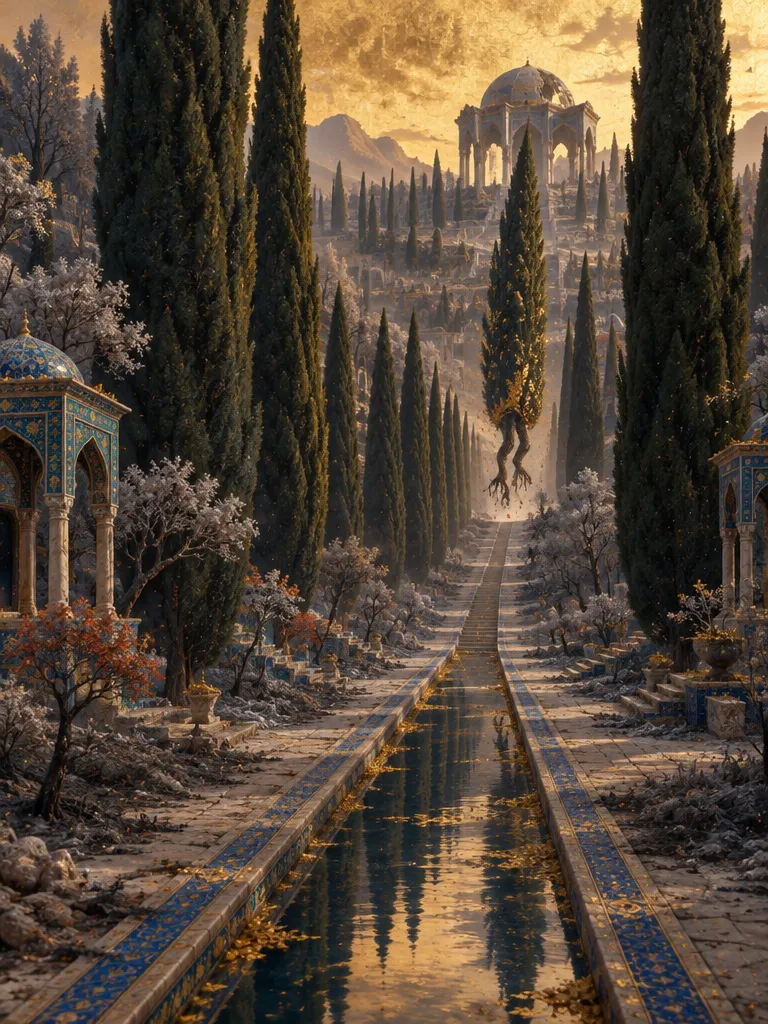 The Cypress Quarter: jalan pohon cypress raksasa mendaki bukit ke paviliun berburu yang runtuh, hutan abu di kiri kanan, satu cypress di kejauhan berjalan di atas akarnya.