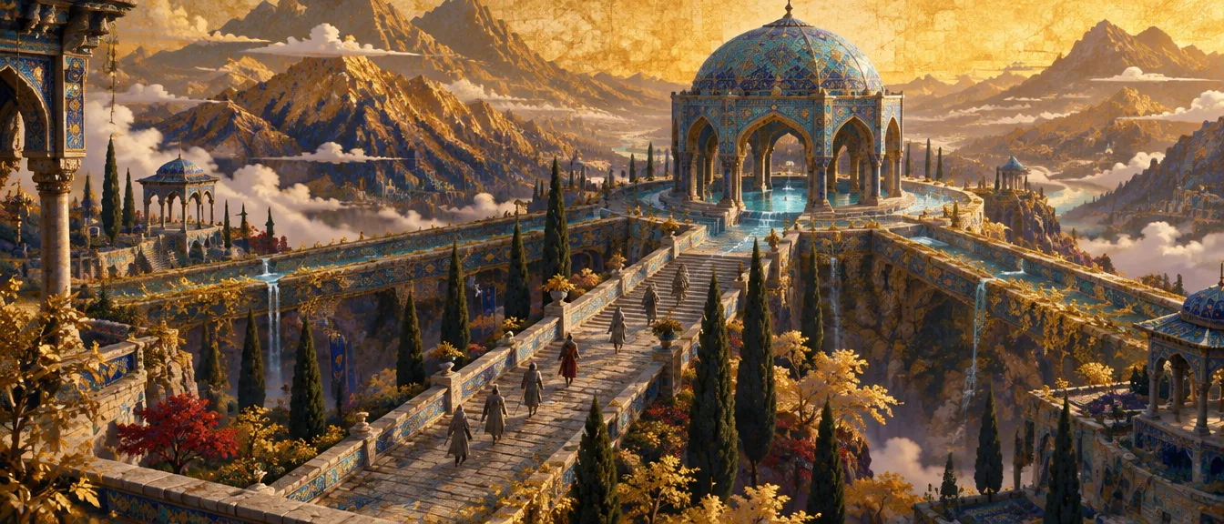 Hulu The Four Waters: waduk berkubah lapis di pegunungan emas, empat kanal batu yang hampir kering, dan enam pengembara kecil mendaki tangga panjang ke arahnya.